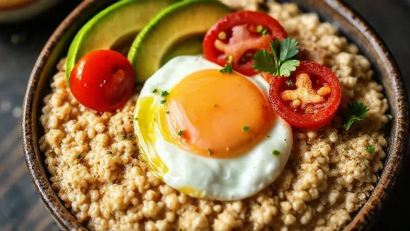 A photorealistic close-up shot of a gourmet savory oat bowl, featuring perfectly cooked oats topped with a soft-boiled egg, vibrant cherry tomatoes, fresh avocado slices, a sprinkle of fresh herbs like parsley, and a drizzle of olive oil. Cinematic lighting, sharp focus on the textures and colors, depth of field, 8K hyper-detailed, appetizing and healthy.
