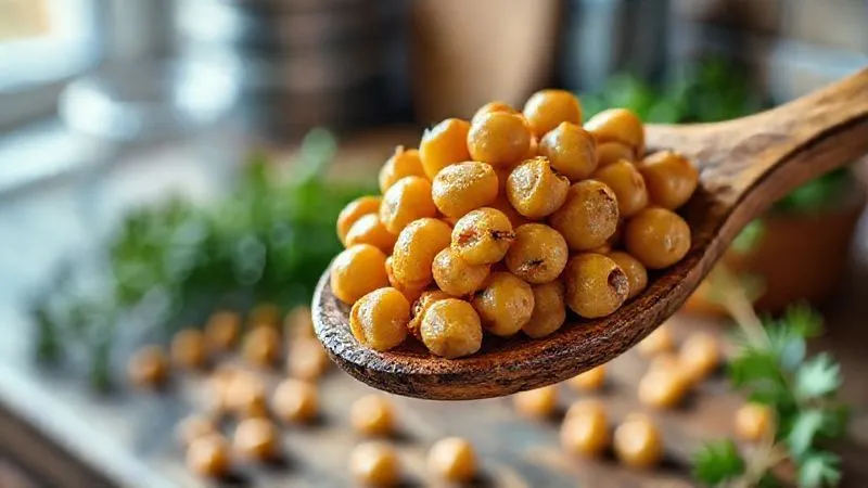 A close-up, photorealistic image of perfectly cooked chickpeas, glistening and plump, on a rustic wooden spoon, with a blurred background of a kitchen counter and fresh herbs. Cinematic lighting, sharp focus, depth of field, 8K, professional photography.