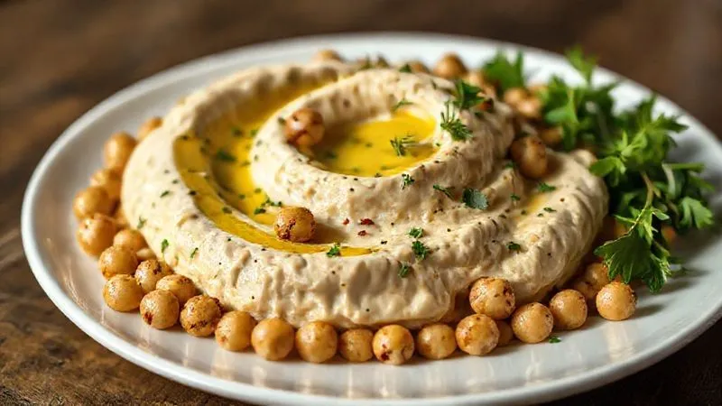 A photorealistic image of a gourmet chickpea salad, featuring both creamy hummus and crispy roasted chickpeas, garnished with fresh herbs and a drizzle of olive oil, on an elegant white plate. Cinematic lighting, sharp focus, depth of field, 8K, professional photography.