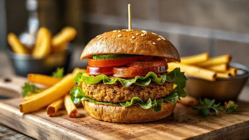 A photorealistic image of a gourmet vegetarian chickpea burger, perfectly grilled, served on a brioche bun with fresh toppings like avocado, tomato, and lettuce, on a cutting board with a side of sweet potato fries. Cinematic lighting, sharp focus, depth of field, 8K, professional photography.