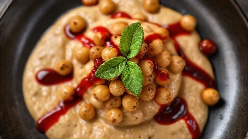 A photorealistic, top-down shot of a gourmet chickpea dish, featuring a creamy chickpea purée base, topped with crispy roasted chickpeas, a vibrant red pomegranate molasses drizzle, and fresh mint leaves, on a dark ceramic plate. Cinematic lighting, sharp focus, depth of field, 8K, professional photography.