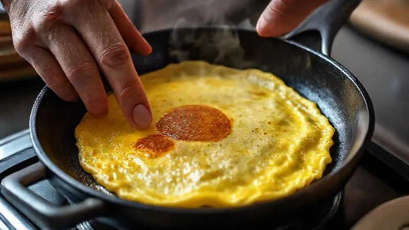 A close-up photorealistic image of a chef's hand gently pushing the edges of a perfectly cooking omelette in a non-stick pan, steam subtly rising, cinematic lighting, sharp focus on the omelette's texture, 8K hyper-detailed. A close-up photorealistic image of a chef's hand gently pushing the edges of a perfectly cooking omelette in a non-stick pan, steam subtly rising, cinematic lighting, sharp focus on the omelette's texture, 8K hyper-detailed.