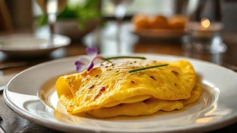 A photorealistic close-up of a gourmet omelette perfectly plated on a white ceramic dish, garnished with fresh chives and a delicate edible flower. The background is a soft-focus, elegant dining table, cinematic lighting, 8K hyper-detailed. A photorealistic close-up of a gourmet omelette perfectly plated on a white ceramic dish, garnished with fresh chives and a delicate edible flower. The background is a soft-focus, elegant dining table, cinematic lighting, 8K hyper-detailed.