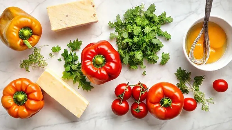 A photorealistic overhead shot of various fresh, vibrant ingredients for an omelette laid out on a clean white marble countertop – colorful bell peppers, cherry tomatoes, fresh herbs, a block of artisanal cheese, and a bowl of whisked eggs. Cinematic lighting, sharp focus, 8K hyper-detailed. A photorealistic overhead shot of various fresh, vibrant ingredients for an omelette laid out on a clean white marble countertop – colorful bell peppers, cherry tomatoes, fresh herbs, a block of artisanal cheese, and a bowl of whisked eggs. Cinematic lighting, sharp focus, 8K hyper-detailed.