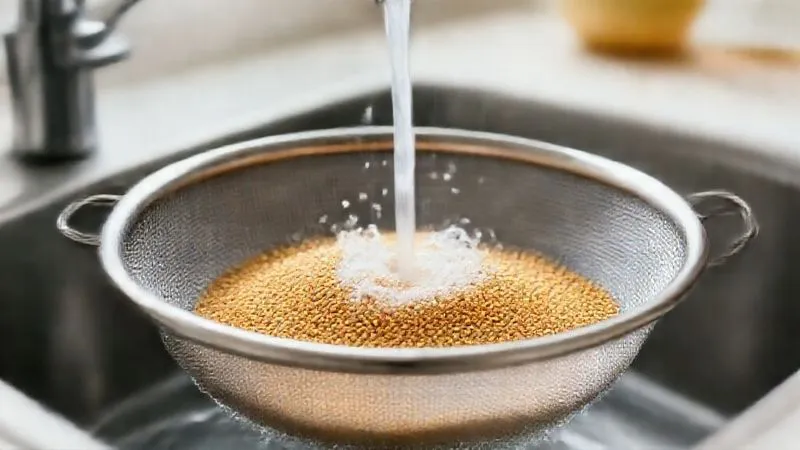 A photorealistic, professional photography, 8K, cinematic lighting, sharp focus, depth of field, shot on a high-end DSLR of dry quinoa grains being rinsed under a gentle stream of cold water in a fine-mesh sieve, with tiny bubbles forming from the saponins. The background is a clean, modern kitchen sink, emphasizing freshness and preparation.