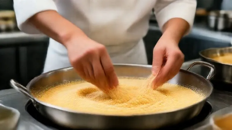 A photorealistic, professional photography, 8K, cinematic lighting, sharp focus, depth of field, shot on a high-end DSLR of a chef's hands gently stirring quinoa in a dry, hot stainless steel pan, with a subtle golden hue indicating the toasting process. The background shows other professional kitchen tools, emphasizing precision and culinary technique.