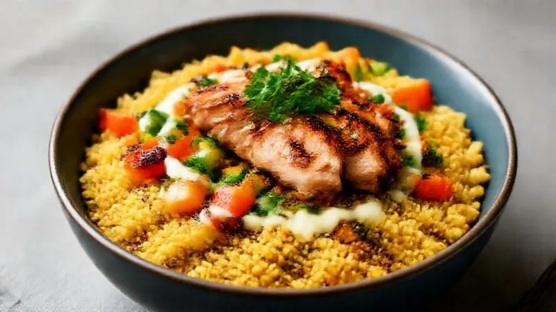 A photorealistic, professional photography, 8K, cinematic lighting, sharp focus, depth of field, shot on a high-end DSLR of a perfectly plated, vibrant quinoa bowl from an overhead shot. The quinoa is fluffy and separated, adorned with colorful roasted vegetables, grilled chicken, fresh herbs, and a light dressing, showcasing a harmonious and appealing final dish.