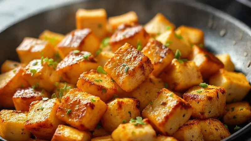 Photorealistic image of perfectly crispy pan-fried tofu cubes, golden brown, scattered with fresh herbs, cinematic lighting, 8K.