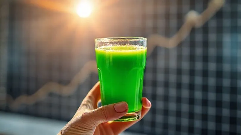 A photorealistic, professional photography image of a person's hand holding a glass of vibrant green juice, with the sun shining gently through it. In the background, a subtle, blurred graph shows an upward trend, symbolizing health improvement and progress. Cinematic lighting, sharp focus on the hand and glass, depth of field. 8K hyper-detailed, shot on a high-end DSLR, conveying a sense of hope and well-being.
