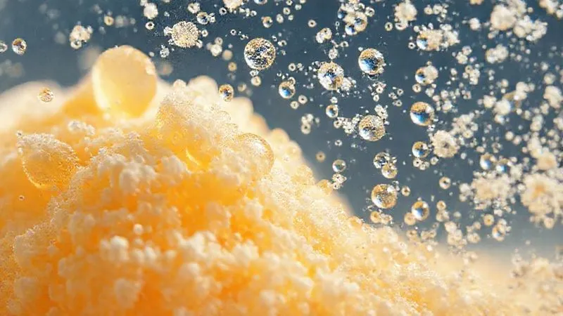 A photorealistic close-up of gelatin powder dissolving in water, with tiny air bubbles forming around the granules, cinematic lighting, 8K, shot on high-end DSLR, showing the initial stages of hydration. A photorealistic close-up of gelatin powder dissolving in water, with tiny air bubbles forming around the granules, cinematic lighting, 8K, shot on high-end DSLR, showing the initial stages of hydration.
