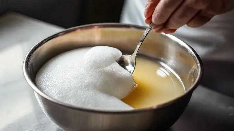 A photorealistic image of a chef gently skimming foam from the surface of a liquid gelatin mixture in a stainless steel bowl with a small spoon, soft professional lighting, 8K, capturing the delicate action. A photorealistic image of a chef gently skimming foam from the surface of a liquid gelatin mixture in a stainless steel bowl with a small spoon, soft professional lighting, 8K, capturing the delicate action.