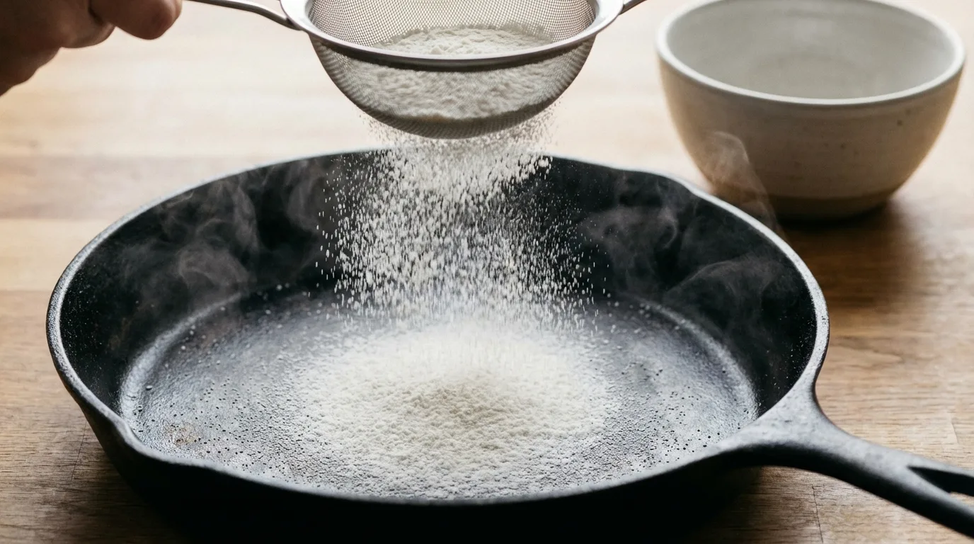 Goma de tapioca sendo peneirada na frigideira quente, close-up.