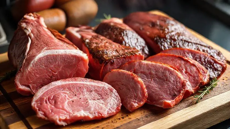 A photorealistic, professional photography, 8K, cinematic lighting, sharp focus, depth of field, shot on a high-end DSLR, showing an assortment of premium pork cuts (picanha suína, copa lombo, costelinha) beautifully displayed on a butcher block, ready for grilling, with visible marbling and fat caps, suggesting quality and juiciness.