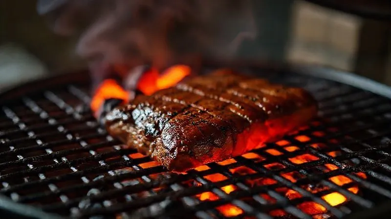 A photorealistic, professional photography, 8K, cinematic lighting, sharp focus, depth of field, shot on a high-end DSLR, showing a barbecue grill with two distinct heat zones: one side with glowing hot coals for direct heat, and the other side with fewer coals for indirect cooking, with a piece of pork loin gently cooking on the indirect side.