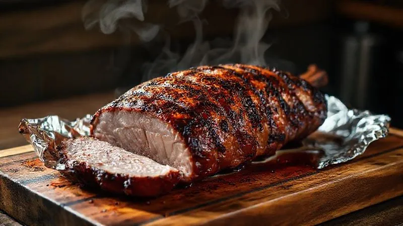 A photorealistic, professional photography, 8K, cinematic lighting, sharp focus, depth of field, shot on a high-end DSLR, showing a beautifully grilled, whole pork loin resting on a wooden cutting board, loosely covered with aluminum foil, with steam gently rising, emphasizing the importance of resting meat to retain juices.