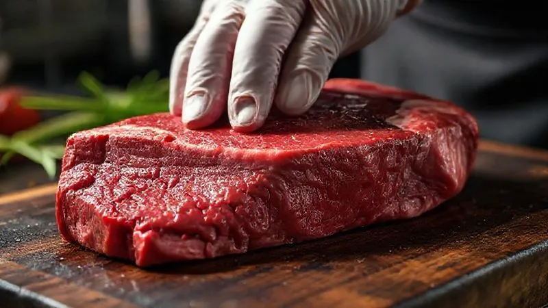 photorealistic, professional photography, 8K, cinematic lighting, sharp focus, depth of field, shot on a high-end DSLR. A close-up of a premium raw picanha steak on a dark butcher's block, showcasing its thick, even fat cap and beautiful red meat with visible marbling. A butcher's gloved hand is gently pressing the meat to demonstrate its firmness, with subtle, warm ambient light.
