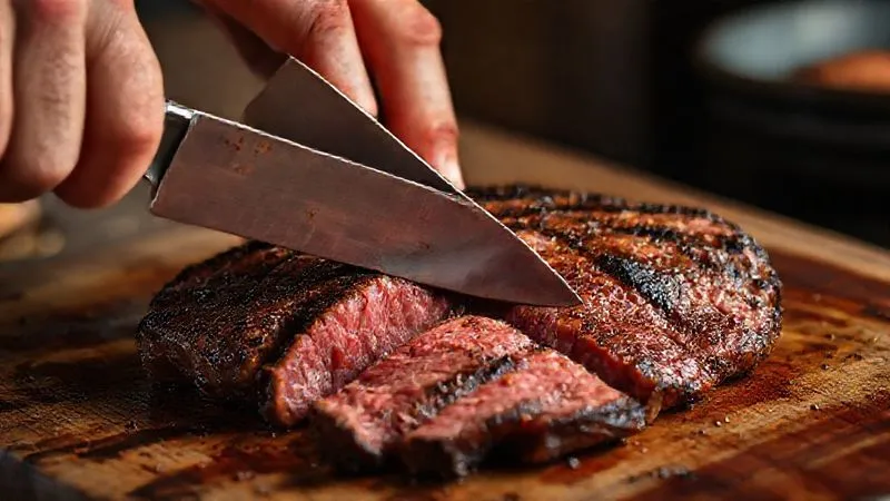 photorealistic, professional photography, 8K, cinematic lighting, sharp focus, depth of field, shot on a high-end DSLR. A skilled hand with a sharp carving knife demonstrating how to cut a perfectly grilled picanha steak against the grain. The fibers of the meat are clearly visible, and the knife is positioned perpendicularly, creating tender slices. The background is a slightly blurred, rustic wooden table.