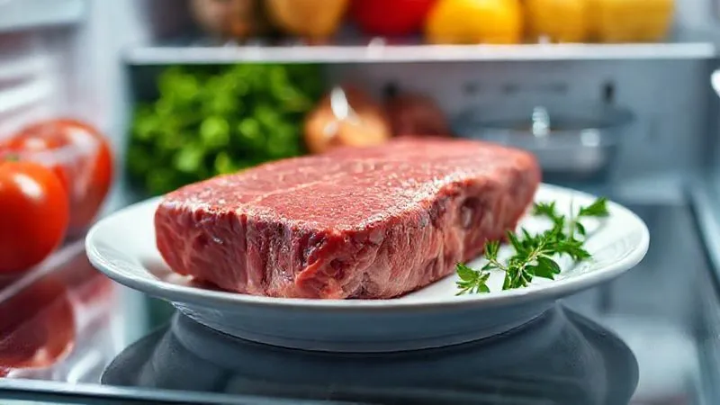 photorealistic, professional photography, 8K, cinematic lighting, sharp focus, depth of field, shot on a high-end DSLR. A raw, perfectly thawed picanha steak resting on a plate in a refrigerator, with other fresh ingredients blurred in the background, emphasizing careful preparation and food safety. The lighting is cool and clean.