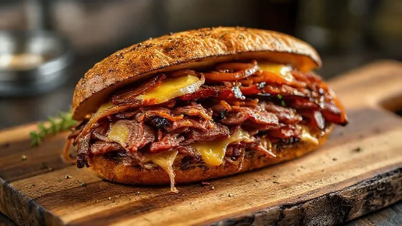 photorealistic, professional photography, 8K, cinematic lighting, sharp focus, depth of field, shot on a high-end DSLR. A creative and appealing dish featuring thinly sliced, previously tough picanha, now transformed into a gourmet shredded beef sandwich with melted cheese and caramelized onions, served on a rustic wooden board. The lighting is warm and inviting.