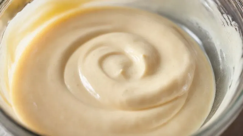 A close-up of a perfectly smooth, creamy pudim batter in a glass bowl, with no visible air bubbles, ready to be poured, professional food photography, 8K, cinematic lighting, sharp focus, depth of field.