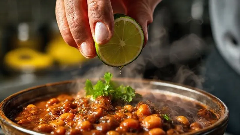 A close-up, photorealistic image of a chef's hand delicately squeezing a fresh lime over a steaming bowl of gourmet feijoada, with vibrant collard greens and rich beans visible. Cinematic lighting highlights the zest and the steam, creating a dynamic and fresh feel. Sharp focus on the lime and the feijoada, depth of field blurring the background kitchen setting. 8K hyper-detailed, professional photography, shot on a high-end DSLR.