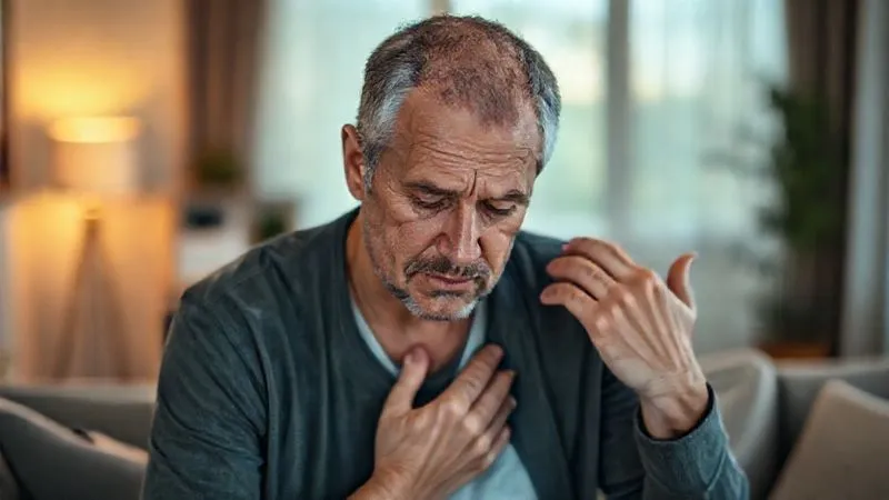 A photorealistic, professional photography shot of a person looking fatigued and slightly bloated, gently touching their temple, with a soft, warm light suggesting discomfort. The background is a blurred, modern living room, 8K hyper-detailed, cinematic lighting, sharp focus on the person's face, depth of field, shot on a high-end DSLR, conveying a sense of silent struggle.