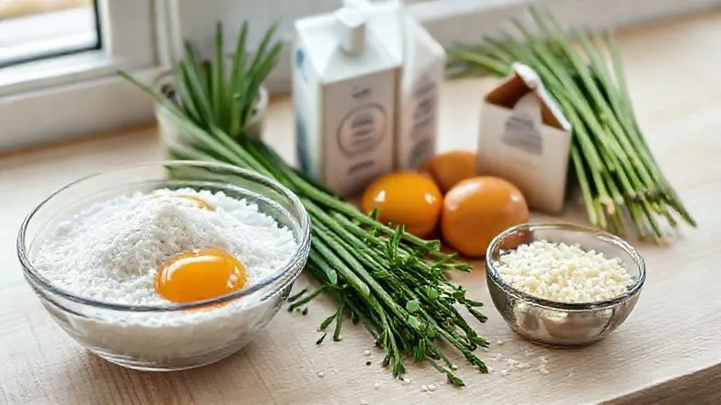 A close-up, photorealistic image of fresh, high-quality ingredients for crepioca: a bowl of finely hydrated tapioca starch, a couple of organic brown eggs, a carton of unsweetened almond milk, a bunch of fresh chives, and a small bowl of finely grated Parmesan cheese, all arranged artfully on a light wooden counter with natural morning light. Professional photography, 8K, cinematic lighting, sharp focus, depth of field, shot on a high-end DSLR.