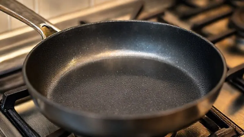 A photorealistic close-up of a perfectly seasoned, dark grey non-stick frying pan on a gas stovetop, with a gentle heat haze visible above the surface. The pan is empty, waiting for the crepioca batter. Soft, warm kitchen lighting highlights the smooth, clean surface of the pan. Professional photography, 8K, cinematic lighting, sharp focus, depth of field, shot on a high-end DSLR.