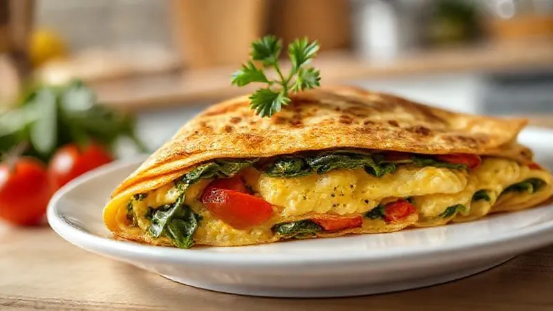 A photorealistic close-up of a perfectly cooked, golden-brown crepioca, generously filled with vibrant, fresh ingredients like scrambled eggs, fresh spinach, and cherry tomatoes, folded neatly on a pristine white ceramic plate. A sprig of fresh parsley garnishes the top. The background is softly blurred, showing a bright, inviting kitchen setting. Professional photography, 8K, cinematic lighting, sharp focus, depth of field, shot on a high-end DSLR.