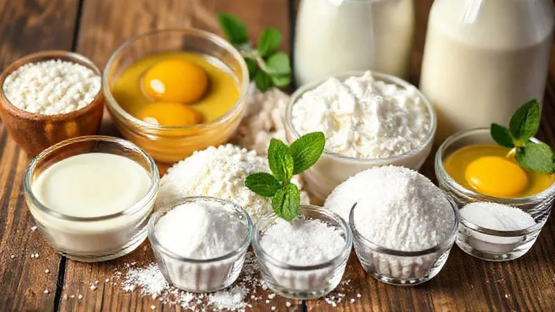 A photorealistic close-up of fresh, high-quality ingredients for gourmet ice cream: full-fat milk, heavy cream, egg yolks, various types of sugar (granulated, dextrose powder, glucose syrup), and small containers of natural stabilizers (guar gum, xanthan gum). All are arranged artfully on a rustic wooden table with soft, natural light, sharp focus, depth of field. Professional photography, 8K, shot on a high-end DSLR.