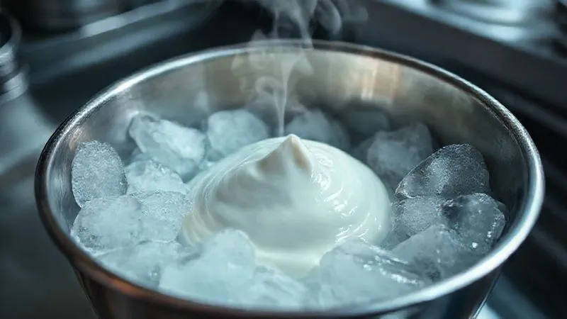 A photorealistic image from a low angle, showing a stainless steel bowl filled with a creamy ice cream base, submerged in a larger bowl filled with ice and water (an ice bath). Steam is subtly rising from the warm base, contrasting with the cold ice. The scene is in a professional kitchen setting, cinematic lighting, sharp focus on the cooling process, depth of field. Professional photography, 8K, shot on a high-end DSLR.