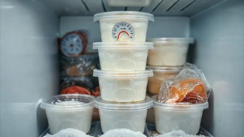 A photorealistic shot inside a meticulously organized, cold freezer. Several airtight, professional-looking containers of homemade ice cream are neatly stacked. A thermometer clearly shows a temperature below -18°C. Slight frosty haze, cinematic lighting, sharp focus on the containers, depth of field blurring the background of other frozen goods. Professional photography, 8K, shot on a high-end DSLR.