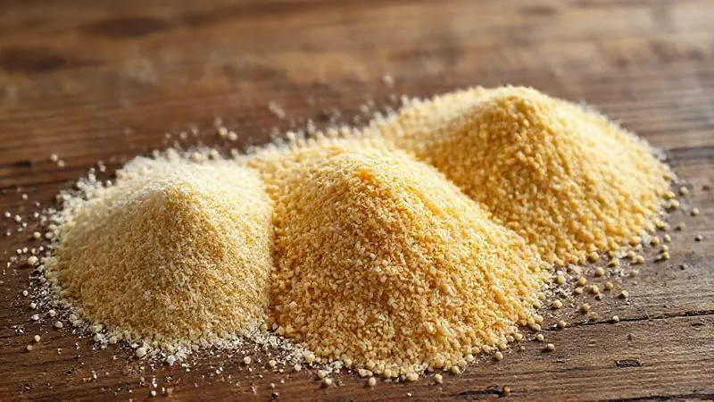 A photorealistic, professional photography, 8K, cinematic lighting, sharp focus, depth of field, shot on a high-end DSLR of three distinct piles of cornmeal: one very fine (fubá mimoso), one medium-grained (fubá médio), and one coarse-grained (flocão), arranged on a rustic wooden table. Each pile should be clearly distinguishable by its texture and color, emphasizing the granular differences. Natural light highlights the golden hues of the cornmeal.