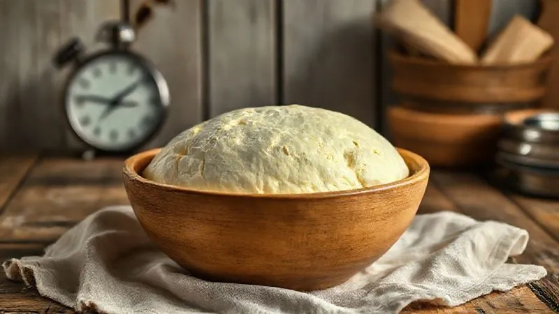 A photorealistic, professional photography, 8K, cinematic lighting, sharp focus, depth of field, shot on a high-end DSLR of a rustic wooden table with a large bowl of corn bread dough, visibly risen and airy, covered with a linen cloth. Soft, warm light illuminates the scene, highlighting the texture of the dough and the serene process of fermentation. A timer or a clock in the background subtly suggests the passage of time.