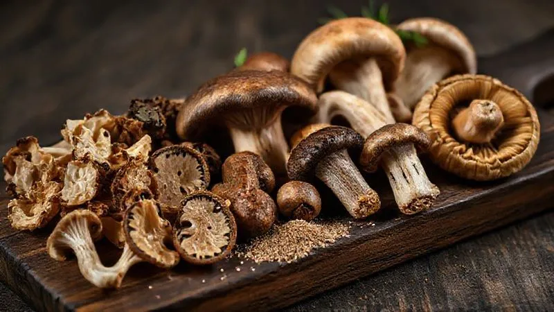 A photorealistic close-up of various dried and fresh gourmet mushrooms (shitake, porcini, portobello) arranged artfully on a dark wooden board, with a small pile of mushroom powder beside them. Dramatic cinematic lighting, sharp focus on the textures, 8K hyper-detailed. A photorealistic close-up of various dried and fresh gourmet mushrooms (shitake, porcini, portobello) arranged artfully on a dark wooden board, with a small pile of mushroom powder beside them. Dramatic cinematic lighting, sharp focus on the textures, 8K hyper-detailed.