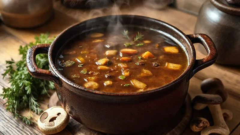 A photorealistic image of a rich, dark brown vegetable broth simmering in a rustic cast-iron pot, steam rising gently, with fresh herbs and dried mushrooms visible on a wooden counter beside it. Warm, inviting cinematic lighting, 8K detail. A photorealistic image of a rich, dark brown vegetable broth simmering in a rustic cast-iron pot, steam rising gently, with fresh herbs and dried mushrooms visible on a wooden counter beside it. Warm, inviting cinematic lighting, 8K detail.
