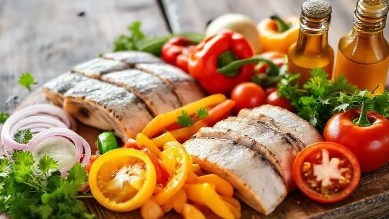 A photorealistic close-up of a vibrant assortment of fresh moqueca ingredients on a rustic wooden table: perfectly cut fish fillets, colorful bell peppers (red, yellow, green), ripe tomatoes, sliced onions, a bundle of fresh cilantro, and a small glass bottle of rich, orange palm oil, all bathed in soft, natural light, emphasizing their freshness and quality. professional photography, 8K, cinematic lighting, sharp focus, depth of field, shot on a high-end DSLR.