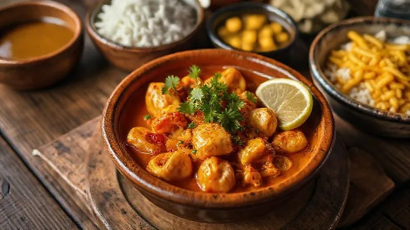 A photorealistic, professional photography, 8K, cinematic lighting, sharp focus, depth of field shot on a high-end DSLR of a beautifully presented Moqueca Baiana dish, served in a traditional clay bowl, accompanied by fluffy white rice, a bowl of rich pirão, and a small dish of golden farofa de dendê. Fresh cilantro garnishes the moqueca, and a slice of lime adds a final touch of vibrancy, all set on a rustic wooden table with a soft, warm glow.