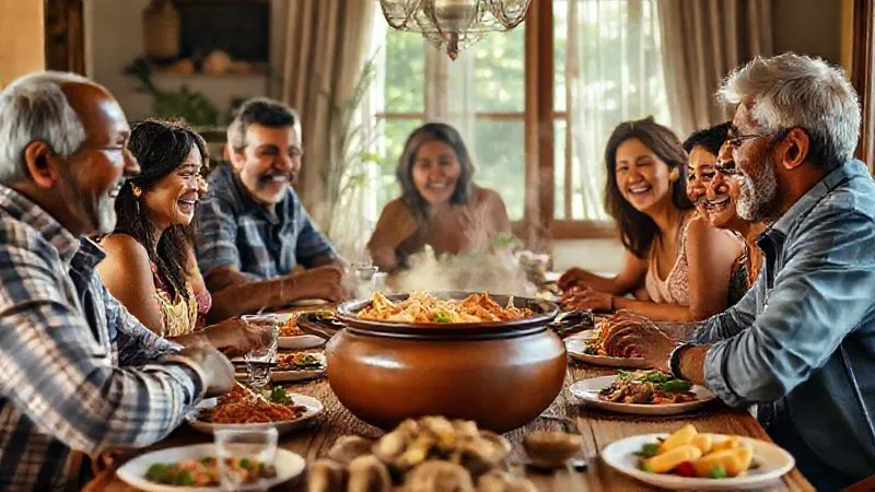 A photorealistic, professional photography, 8K, cinematic lighting, sharp focus, depth of field shot on a high-end DSLR of a joyful multi-generational family gathered around a beautifully set dining table, laughing and sharing a large, steaming clay pot of Moqueca Baiana. The scene is warm and inviting, with natural light streaming in, emphasizing the connection, tradition, and delicious food. The focus is on the happy faces and the inviting dish in the center.