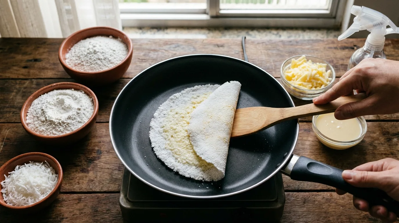 Tapioca sendo preparada em frigideira antiaderente, com os ingredientes frescos ao redor.